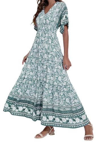 kleider sommer lang,Damen Kleider Freizeit Lose Sommerkleid Lang Boho Kurzarm V-Ausschnitt Maxikleid für Strandkleid Leicht Und Luftig Freizeitkleider Blumenkleid Abendkleid Cocktailkleid Grün XXL