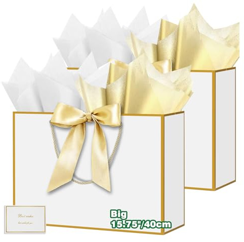 HONTIUS 15.75'' Sacchetti Regalo, Sacchetto Regalo Grande Grandi Maxi XXL, Busta regalo grande con Carta Velina e Carte，40*30*12.5cm Borsa Regalo per Nozze Natale Aziendale Festa Compleanno 2 Pezzi C