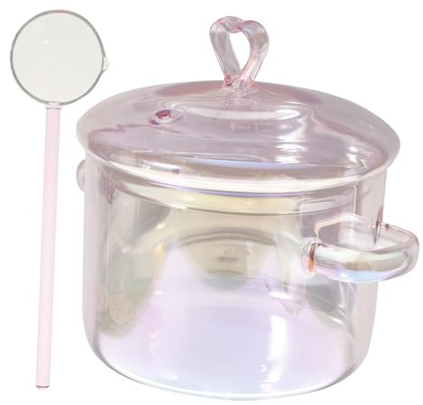 Healifty High Borosilicate Glass Stockpot with Spoon Heart Shaped Pink Double Handle Cooking Pot for Soup Noodles Braised Dishes Transparent Heat Resistant Cookware for Home Kitchen
