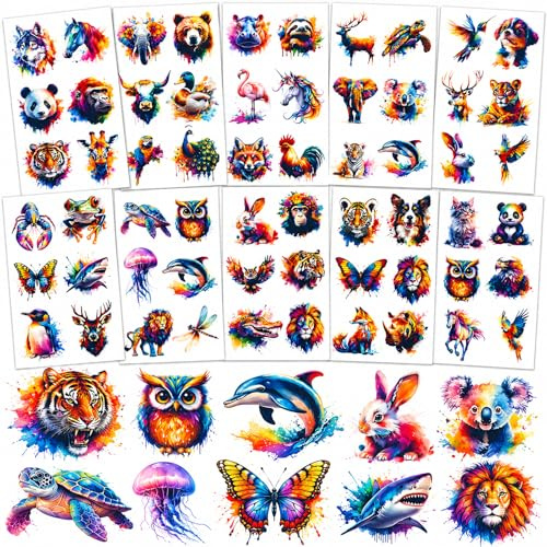 10 Stück Wasserfarben Tiere Temporäre Tattoos Kinder Erwachsene, Klebetattoos Hautfreundlich Mädchen Jungen Aquarell Fake Tattoo Aufkleber Körper, Gesicht Festival Party Geschenk Zubehör Accessoires
