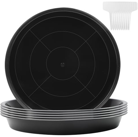 Molirex 6 Pièces Soucoupe Pot Fleur Rond Coupelle Pot de Fleur Plastique avec 10 Étiquettes pour Plantes D'Intérieur et D'Extérieur, Noir - Ø 40cm