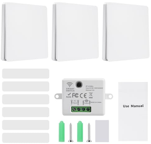 Interruptor Inalámbrico sin pilas RF433 240V 10A Interruptor Inalambrico con Receptor Interruptores Inalambricos Conmutador Inalambricos WHD05+WHZ03 (1 receptor + 3 paneles de control)