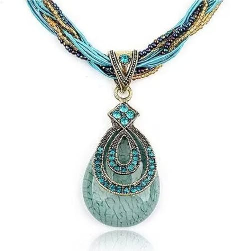 WATEFOER Collar Bohemio de Turquesa para Mujer Bohemian Türkis Halskette Collar Retro Vintage con Colgante de Diamantes de Imitación Joyería de Moda Regalos (Azul)