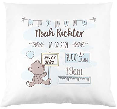 Striefchen® Kissen als Geschenk zur Taufe oder Geburt mit Namen & Datum - Teddybär - Babygeschenk oder Geburtskissen Junge
