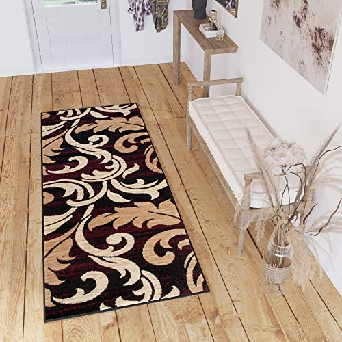TAPISO Dream Teppich Läufer Flur Brücke Modern Blumen Floral Abstrakt Muster in Braun Schwarz Rot Korridor Wohnzimmer ÖKOTEX 120 x 500 cm