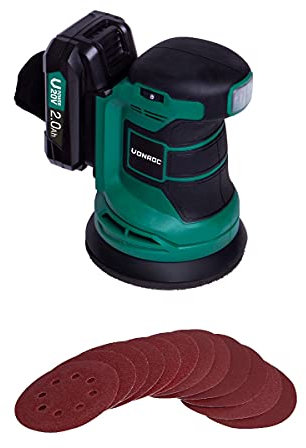 VONROC Exzenterschleifer Akku, Schleifmaschine - Handschleifer mit Staubbehälter 20V mit 2Ah Akku und Ladegerät, 125mm, 10.000/min - inkl. 12 Schleifpapier