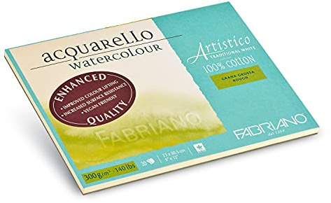 Fabriano Artistico Acquarello Watercolour, colore bianco naturale, grana grossa, 23 x 30,5 cm, 20 fogli da 300 g/m², cartoncino per acquerello di alta qualità, incollato su 4 lati, vegano