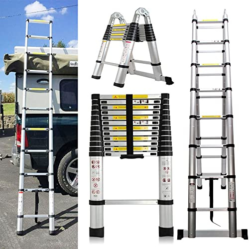 3.2 M Escalera Telescópica de Aluminio, Escalera Extensión Multifuncional Escalera Plegable, Extensible 11 Peldaños, con Mecanismo de Bloqueo de Resorte 150 kg