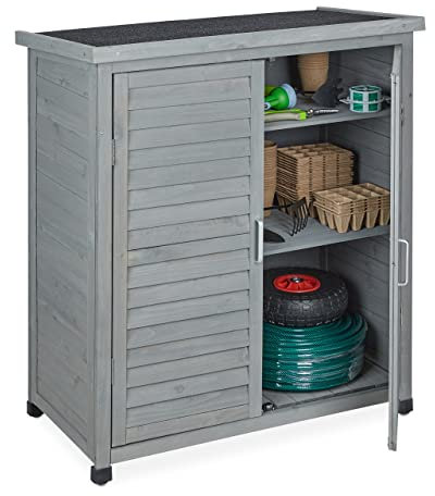 Relaxdays Armario Exterior 3 Baldas, Cobertizo Techo Inclinado, 2 Puertas, Herramientas, Madera, 97x86,5x47cm, Gris