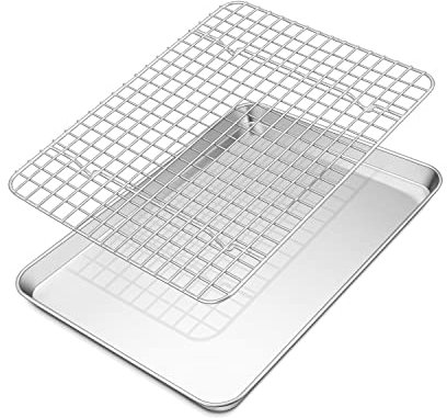 TEAMFAR Backblech mit Abkühlgitter, Edelstahl kuchenblech ofenblech, Rechteckig backform ofenblech mit auskühlgitter, 31,6 x 24,6 x 2,5cm, Gesund & Ungiftig, Hochglanzpoliert, Spülmaschinenfest