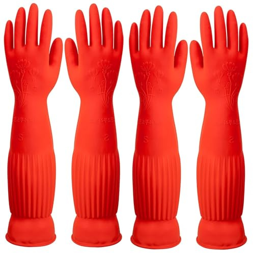 YIOIY Reusable Household Gloves,Rubber Dishwashing Gloves,Extra Thickness,Long Sleeves,Kitchen Cleaning,Indoor and Outdoor Cleaning (Red, 2 Pairs, S)
