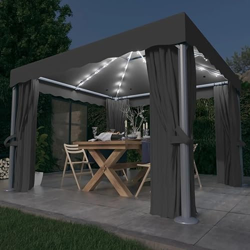 ARKEM Pavillon mit Vorhängen & LED-Lichterkette 3x3 m Anthrazit Moskitonetz Garten TerrassenüBerdachung Freistehend