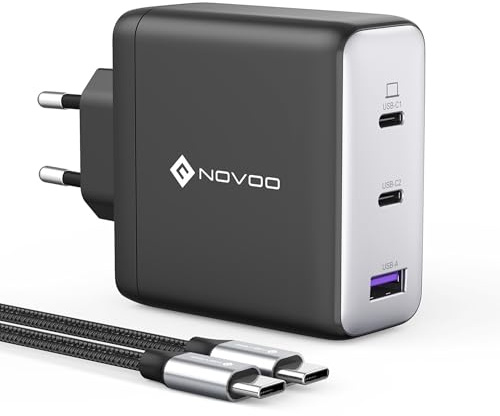 NOVOO 120W USB C Ladegerät GaN Ⅲ 3-Port USB C Netzteil Schnellladegerät mit 1 PD 100W Typ-C-Kabeln Wandladegerät für MacBook Pro 14'',Dell XPS 13,iPad Pro,iPhone 15,Galaxy S23,Note20,Apple Watch