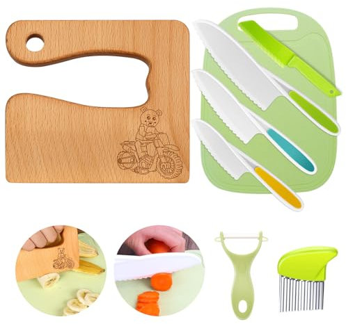Kindermesser 8-teiliges Kinder-Küchenmesser-Set zum Schneiden und Kochen von Obst oder Gemüse für Kleinkinder, inklusive Holzmesser Schneidebrett Schäler(Moto Bear)