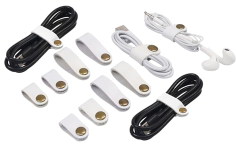 Leather Cable Straps Cord Organizer - Coideal 20 Pcs Earphone Cables Ties Reusable USB Cord Keeper with Snap Cord Clips Holder for Phone (Small + Large, White)