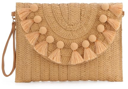 EVEOUT Damen Stroh Clutch Handtasche mit Schultergurte Sommer Gewebte Stroh Schultertaschen mit Quasten Umhängetaschen für Strand Urlaub Reisen Hochzeitstasche