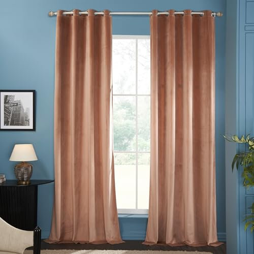 Deco Window Vorhänge aus Polyester, halbverdunkelnd, einfarbig, blickdicht, 2 Stück, Raumverdunkelung (Ösen, Pfirsich, 2 m), blickdichte Vorhänge mit perfekten Plissee-Ösen, für Schlafzimmer und