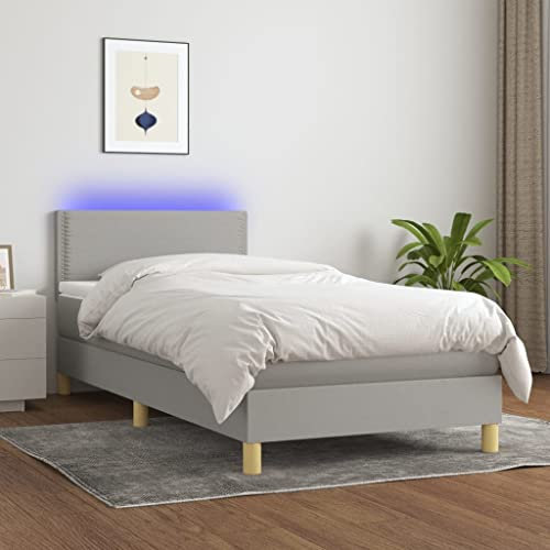 ULUYYUC Boxspringbett, Palettenbett Bodenbett Bettgestell Jugendbett Geeignet für Zimmer Mieten Wohnzimmer Wohnbereich Schlafzimmer mit Matratze & LED Hellgrau 90x200 cm Stoff