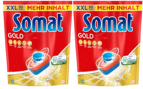 Somat Gold Spülmaschinen Tabs, 100 Tabs (2x 50 Tabs), Geschirrspül Tabs für strahlend sauberes Geschirr auch bei niedrigen Temperaturen, Extra-Kraft gegen Eingetrocknetes