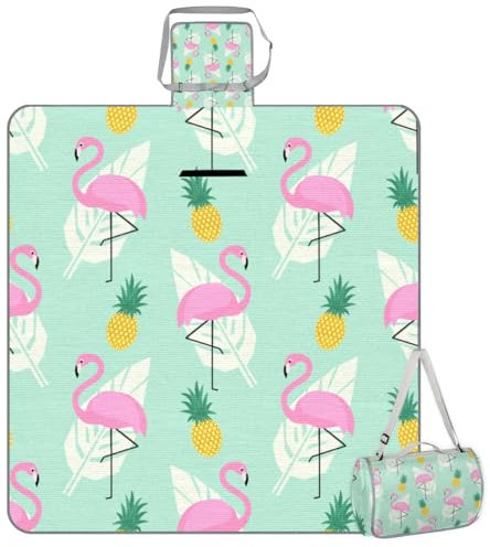 Mularoka Flamingo Picknickdecke, Ananasblatt, wasserdicht, sanddicht, faltbar, Stranddecke, 150 x 145 cm, extra groß, tragbar, waschbar, Outdoor-Matte für Camping, Park, Gras, Wandern, Reisen