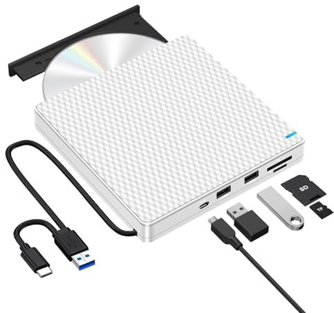 Guamar Lettore CD/DVD esterno per laptop, USB 3.0 e tipo C, ultra sottile, lettore CD DVD +/- RW ROM con SD/TF e 2 porte USB, unità disco ottico portatile per Mac, PC, MacBook, iMac, Windows 11/10