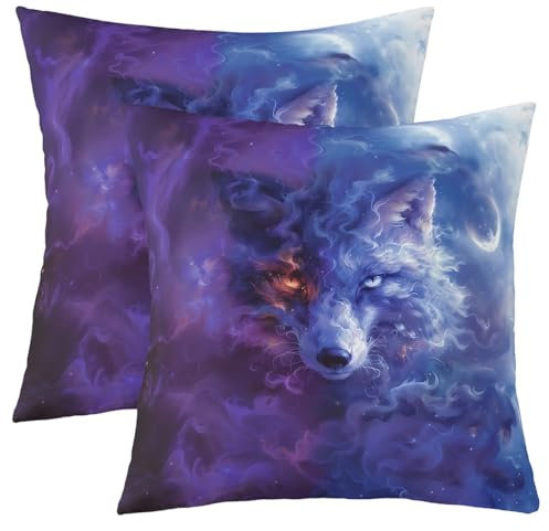Homewish Jagd Wolf Kissenbezüge 3D Wildlife Wolf Set von 2 Kissenbezüge 60x60cm Fantasy Lila Blau Sternenhimmel Dekorative Kissenbezüge für Kinder Jungen Safair Tier Thema Wurf Kissenbezüge