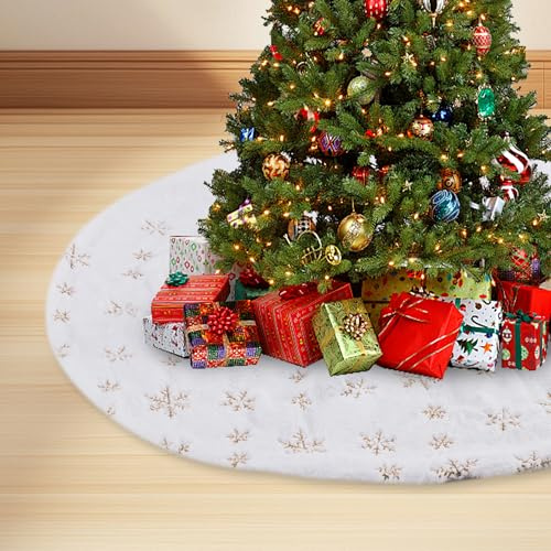 90cm Weihnachtsbaum Decke Rock, Weiß Christbaumdecke Rock Kunstfell Plüsch Runde mit Gold Schneeflocken Weihnachtsbaum Röcke für Frohe Weihnachten Christbaum Dekoration