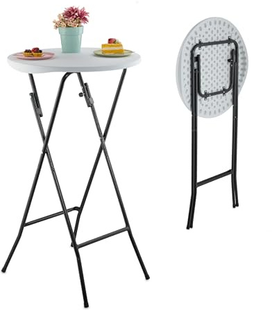 Relaxdays Mesa Alta Plegable, Tablero Redondo, 105 x 60 cm, Plástico y Acero, para Exterior, Bistro, Bar, Blanco y Negro