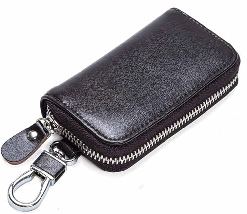 Leather Key Holder Wallet – Multi-Functional Zipper Key Case with 6 Hooks, Card Slots & Keychain | Compact Car Key Organizer for Men & Women (Fashionable Design)