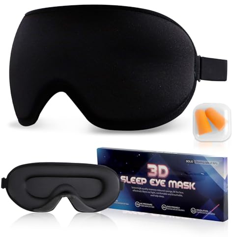 HMIEPRS Mascherina per Dormire, 3D Ergonomico Mascherina per gli Occhi per Bloccare la Luce con Tappi per Orecchie, Maschera per il Sonno da Viaggio Nera con Cinturino Regolabile per Donne e Uomini
