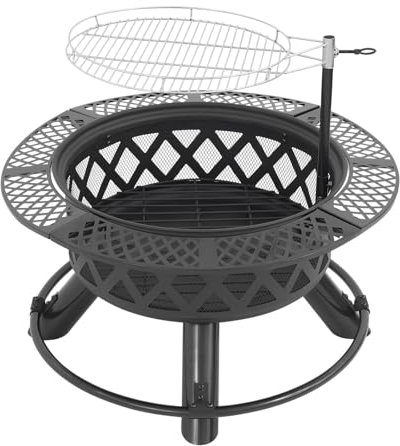 Czyurachel Brasero avec grille, 65 x 65 x 28 cm, pince à barbecue, brasero multifonction, pour la cuisson du thé, pour chauffer ou griller, brasero avec protection anti-étincelles, noir