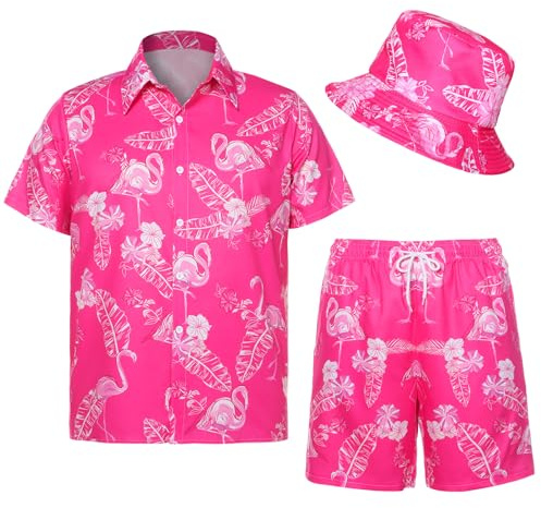 Angenster Conjunto de camisa y pantalones cortos hawaianos para hombre, trajes de verano para hombre, camisa de flamenco informal con sombrero de pescador, camisas hawaianas para vacaciones, rosa, XXL