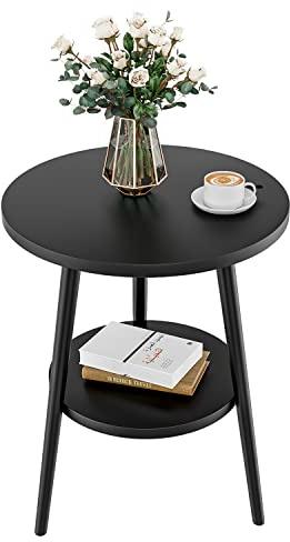 Fuyoula Tavolino da Caffè Rotondo,Tavolino Salotto 2 Ripiani, Tavolino da Pranzo in Legno per Camera da Letto,comodino, per divano, supporto per fiori, robusto,Nero