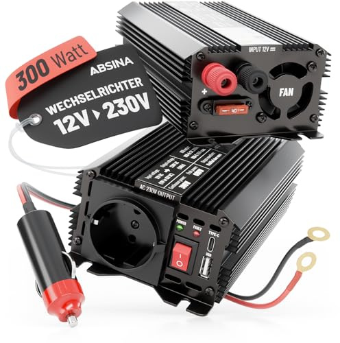 ABSINA Transformador 12/220 Voltio Adaptador 12V a 220V de Onda Sinusoidal | Paquete de 2 - Modificada Inversor 300W con Potencia Pico 600W Camper Furgoneta Accesorios, Convertidor corriente 12V a 220V