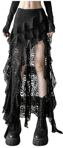 Sexy Spitze Floral Stickerei Rüschen Rock Sheer Spitzenrock High-Low Layered Hohe Taille Unregelmäßiger Saum Transparente Rüschen Minirock Frauen Gothic Party Kleid für Halloween Party