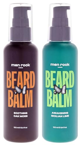 Men Rock Bálsamo para barba Duo Set – Acondicionador y cuidado de barba revitalizante y calmante, hidrata la barba y la piel, lima siciliana y musgo de roble, 2 × 100 ml