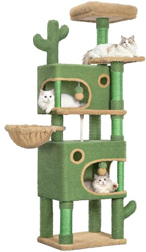 Hzuaneri Kaktus Kratzbaum, 165 cm Katzenbaum mit 6 Kratzsäulen, 2 Plattformen, 2 Höhlen, Korb, Plüschbälle, Sisalseil, Geeignet für Katzen Verschiedener Größen, Grün Braun MS16518AG