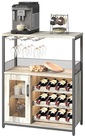Aptliton Wine Cabinet,Compact Bar Cabinet with Mesh Door,Wine Glass Holder & Adjustable Shelves,Freestanding Drinks Cabinet for Kitchen,Dining Room or Living Room,Grey