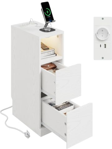 SoBuy Table de Chevet avec Chargeur et Lampe LED à détecteur, 20x35x60cm | 20cm Table d'appoint etroite avec design pour plinthe, gain de place pour petits espaces, Blanc effet bois, FBT149-E-WG