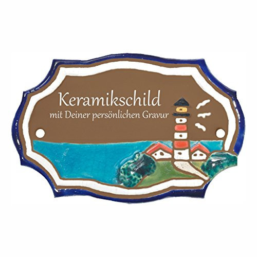 Handarbeit aus Schleswig-Holstein Keramikschild 12,5 x 8,0 cm Motiv Kleiner Leuchtturm am Wasser (braun)