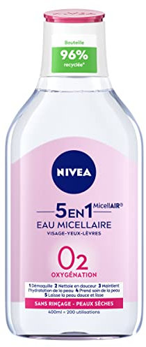 NIVEA - Eau Micellaire Douceur - Efficacité Waterproof - Visage, Yeux, Lèvres - Nettoie & Démaquille - Peau Douce, Lisse & Hydratée - Micelles, Acide Aminé & Amande Douce - Peaux Sèches - 400 ml