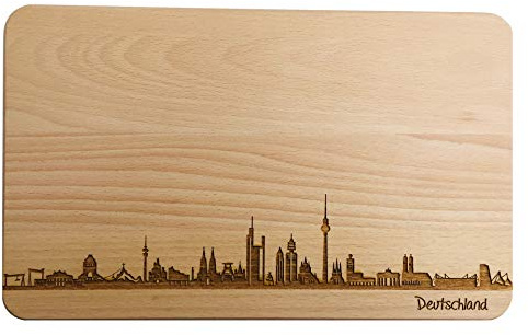 Brotzeitbrett Deutschland Skyline | Frühstücksbrettchen aus Buche | Holz Schneidbrett | Deutschland Souvenir | Frühstücksbrett (Brett XL (35x23x1,5cm), 1. ohne persönlicher Gravur)