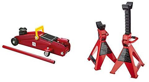 Cartrend 7740014 Cric Hydraulique à roulettes 2 T & Amazon Basics 1 Paire de chandelles en Acier - Capacité 3 tonnes