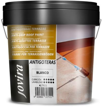 JOVIRA PINTURAS Impermeabilizante Antigoteras, Terraza Antigoteras Caucho Elástica, pintura de terrazas, evita filtraciones en todo tipo de cubiertas y terrazas. (4 Litros, Blanco) A-48