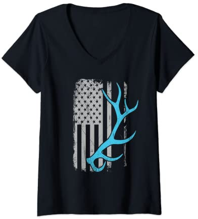 Damen Elchjäger - Vintage USA Fahnenschuppen Geweih T-Shirt mit V-Ausschnitt