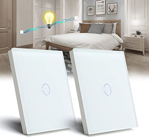 BSEED Interrupteur Tactile va et vient,Blanc 1 Gang 2 Voie Commutateur de Lumière avec LED Affichage Light,Interrupteur Tactile avec Capteur Tactile Panneau Verre Cristal-Pas de fil Neutre-2 Pack