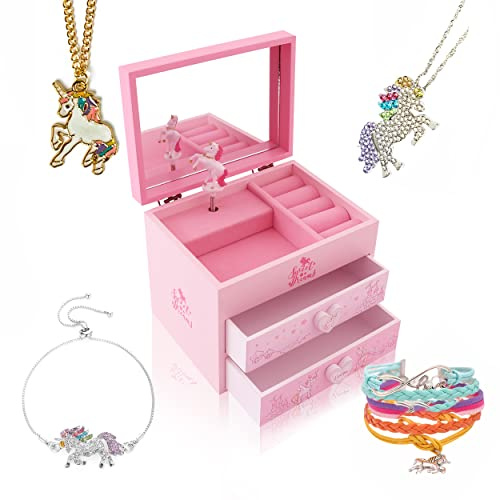 Grehge ds Musical Wooden Jewelry Storage Box Gifts with Unicorn/Princess Ballerina Jewelry Sets-Unicorn4