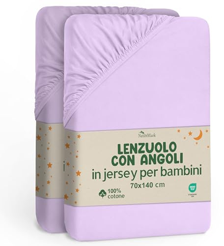 NatureMark Lot de 2 draps-housses pour enfant - 70 x 140 cm - Jersey doux - 100 % coton - Pour lit de bébé et lit d'enfant, lilas/lavande