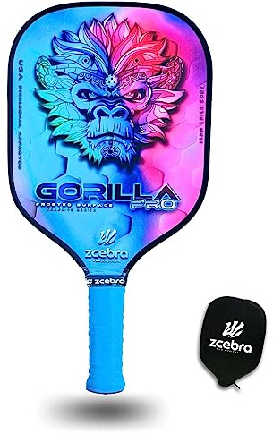 ZCEBRA Pickleball Paddle Graphite - Raquette en Fibre de Carbone Noyau de 16 mm de Panneau d'abeille polypropylène Texture Frosted Rugosa - Set Housse néoprène - Gorilla Pro Rainbow