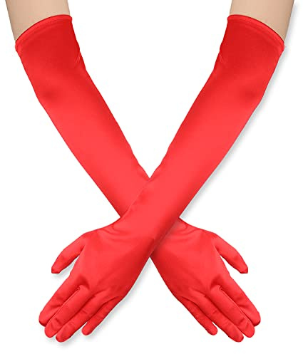 SAVITA 21 Women's Long Elbow Satin Gloves, Red, Size M